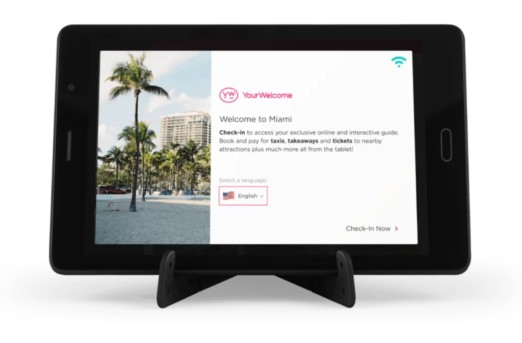 YourWelcome guest tablet on a stand