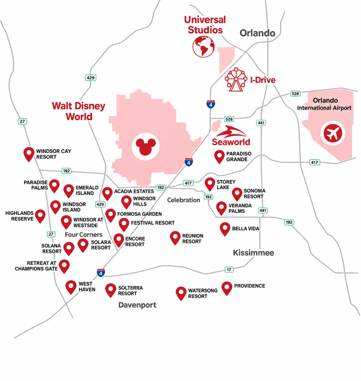Illustrative map of Orlando, Kissimmee, Davenport and vacation communities near Walt Disney World, Universal Studios, SeaWorld and Orlando International Airport.